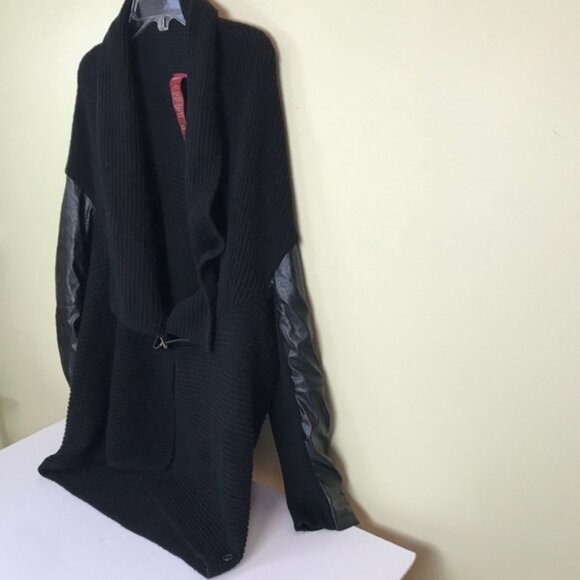 Olsen Open Cotton Leather Faux Cardigan Jacket Sweater Buckle Knit Ribbed Knit L - Picture 3 of 13